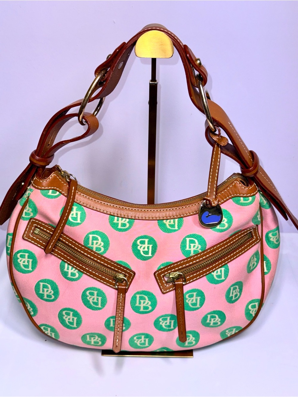 Dooney & Bourke Pink and Green Signature Crescent Shoulder Bag